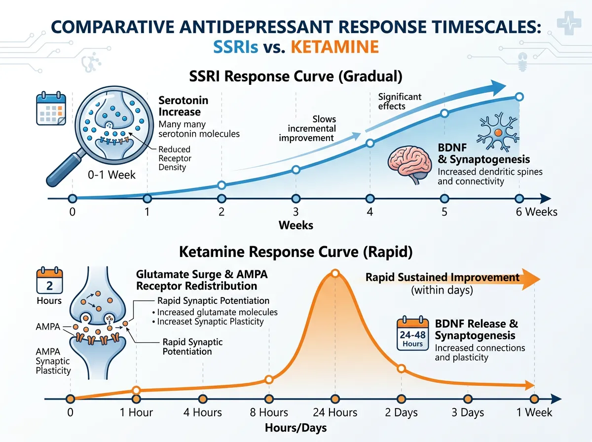 Timeline showing the contrast between SSRI and ketamine antidepressant response times