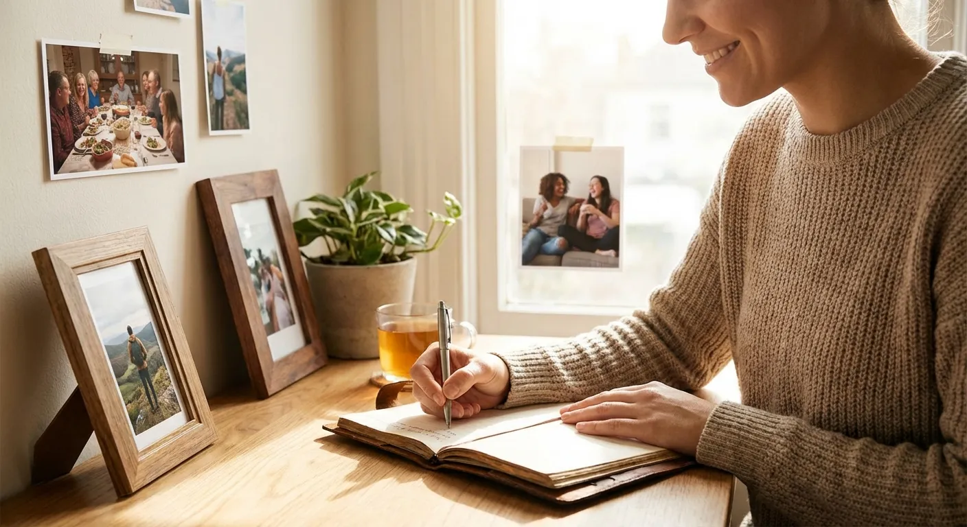 Person writing in journal at a quiet desk with photos of personal meaningful moments