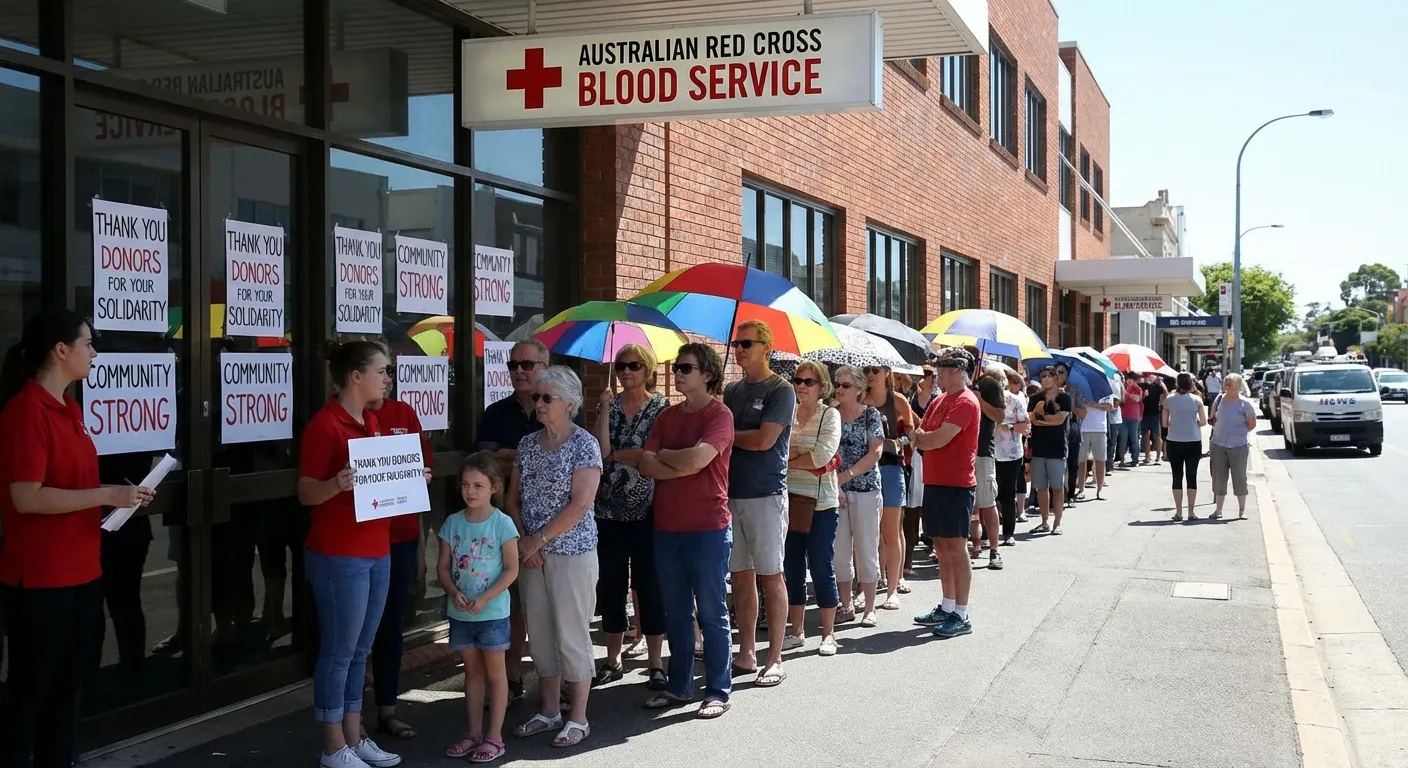 Long lines of people outside Australian Red Cross blood donation center