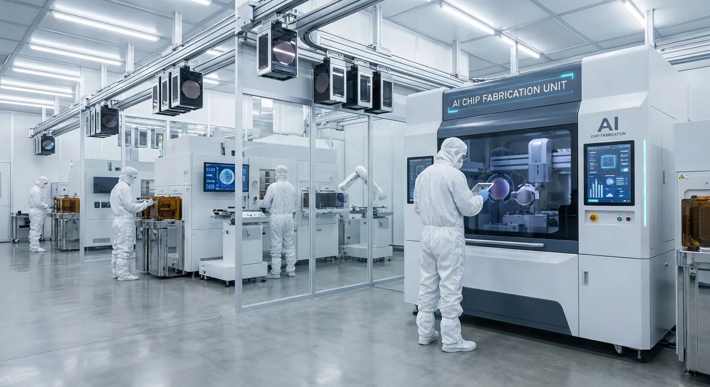 AI chip manufacturing facility with workers in clean room suits
