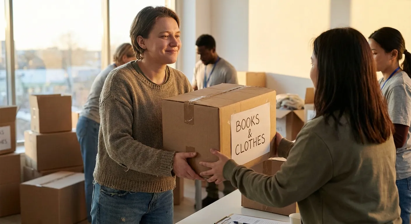 Person donating boxes of belongings at a community center, looking relieved and peaceful