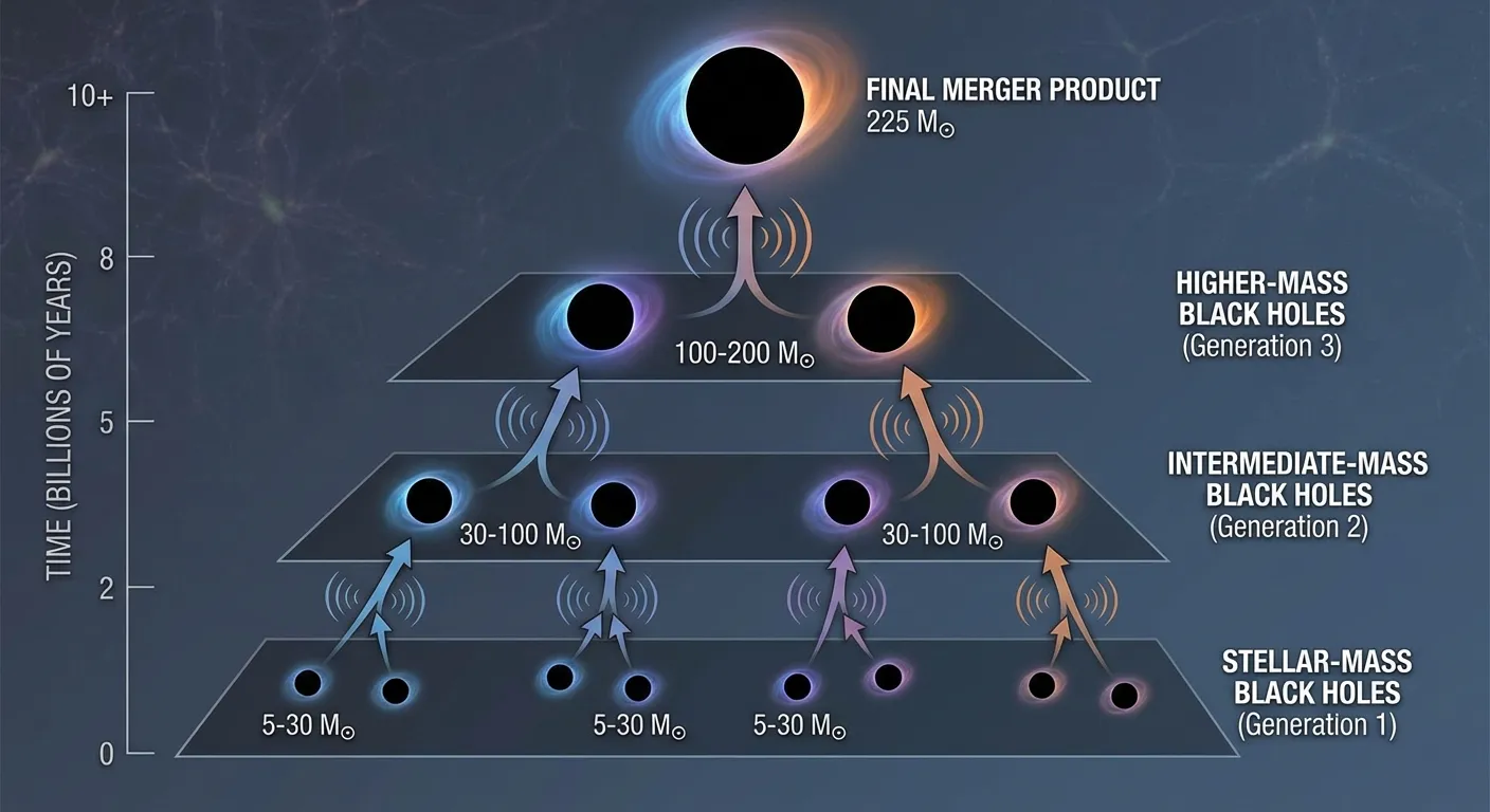 Diagram showing hierarchical black hole merger building larger black holes over time