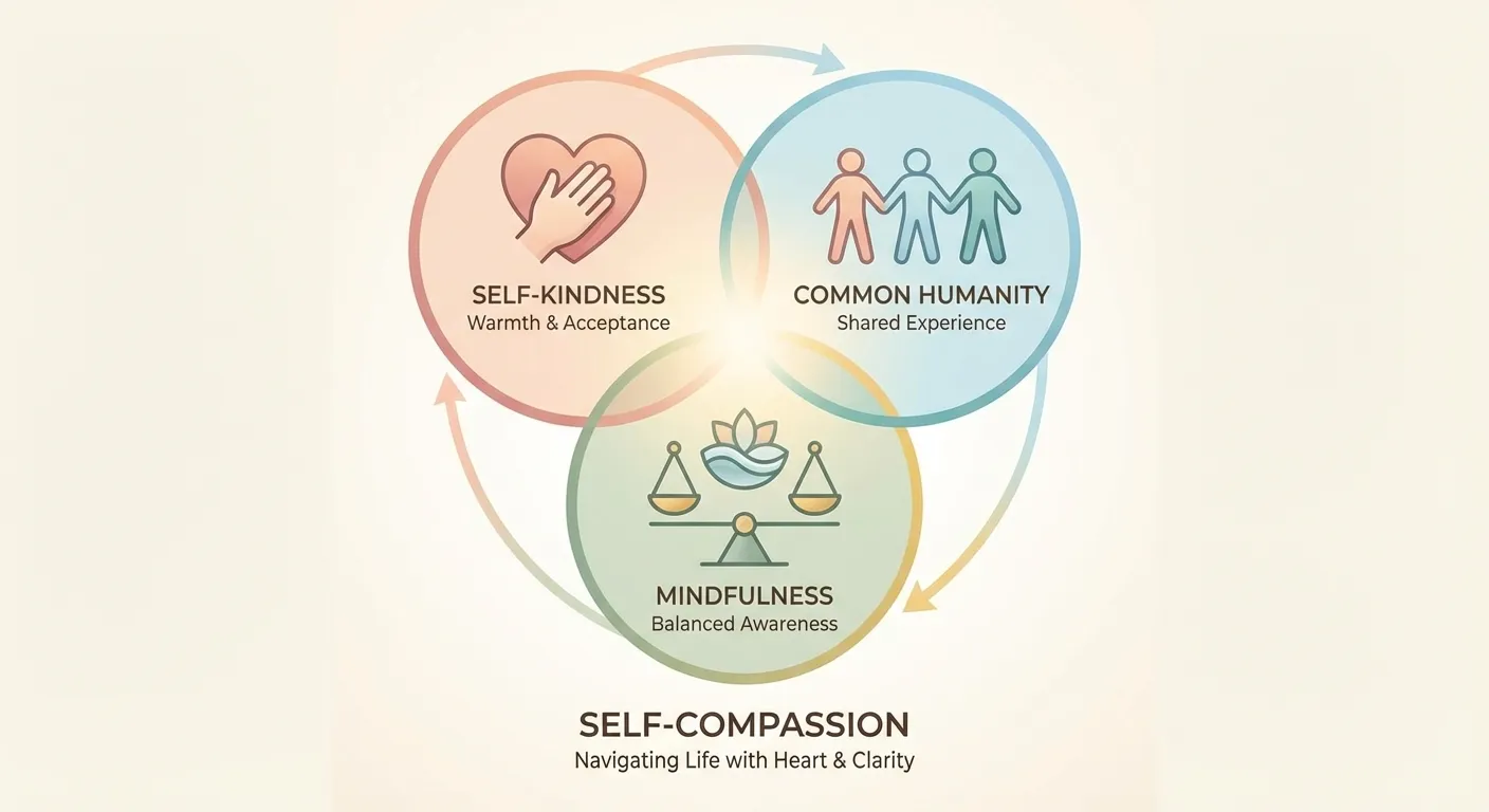 Visual representation of three components of self-compassion: kindness, common humanity, mindfulness