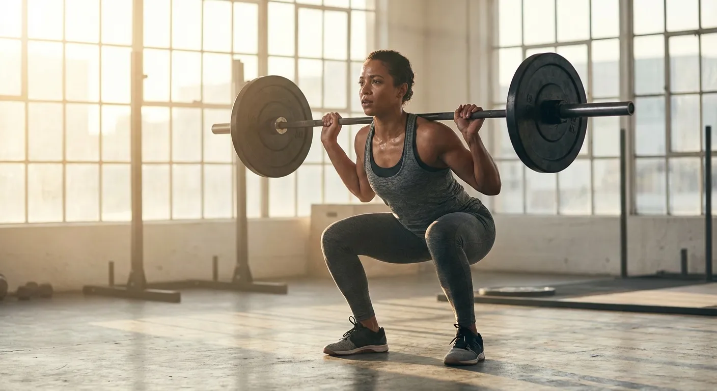 Person performing focused strength training in bright morning gym setting with natural light