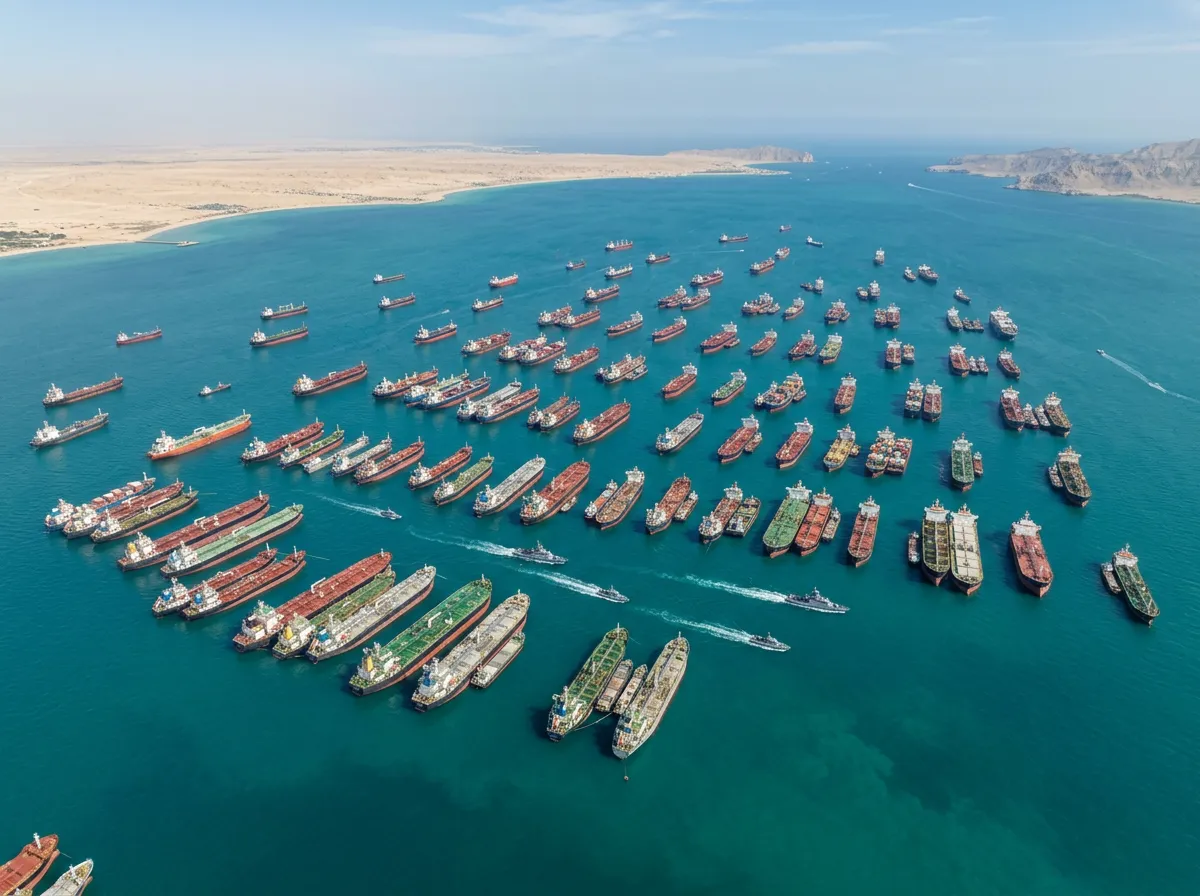 A military patrol boat near commercial shipping vessels in the Persian Gulf