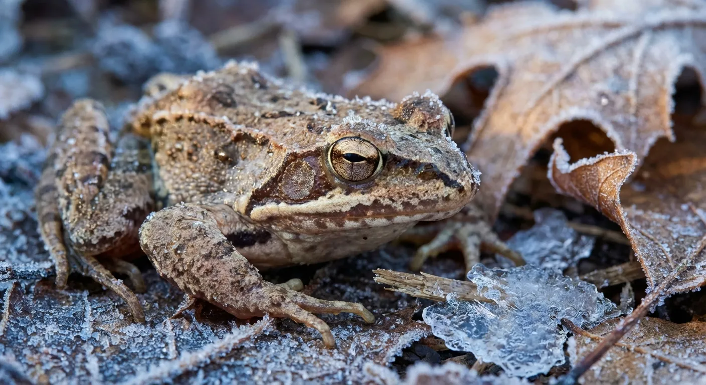 Wood frog partially frozen on forest floor with frost crystals visible