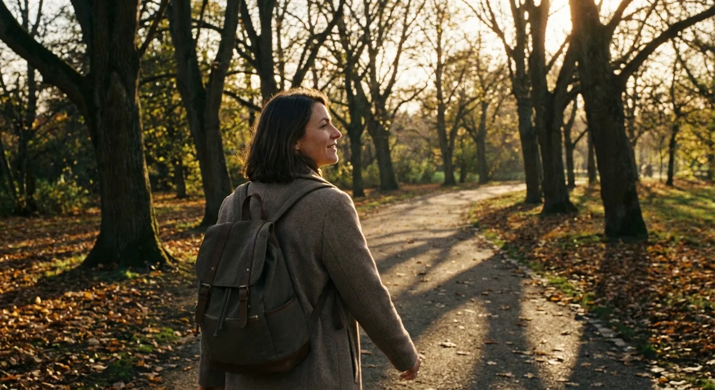 Person walking alone on a wooded trail in golden afternoon light looking peaceful