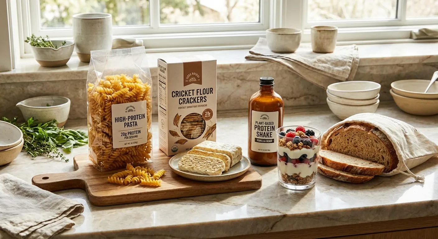 Variety of innovative high-protein foods including protein pasta, plant-based protein sources, and fortified snacks