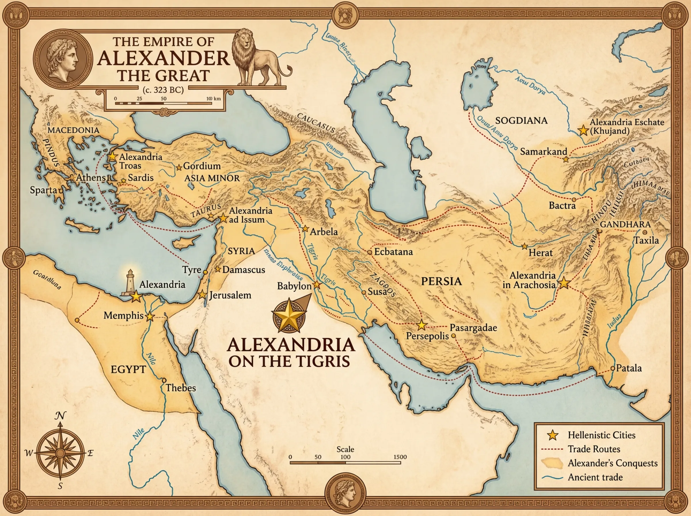 A map showing Alexander the Great's empire with locations of cities he founded marked across three continents