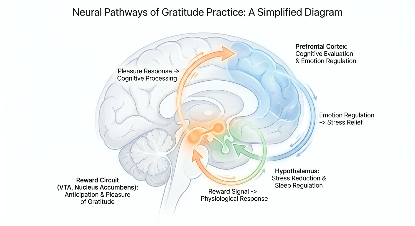 Brain diagram showing reward pathways and prefrontal cortex activation during gratitude