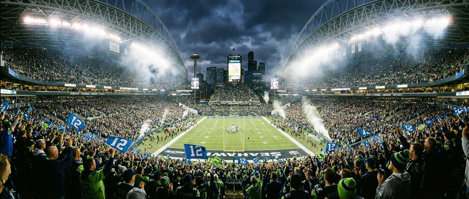Lumen Field filled with Seahawks fans waving 12th Man flags