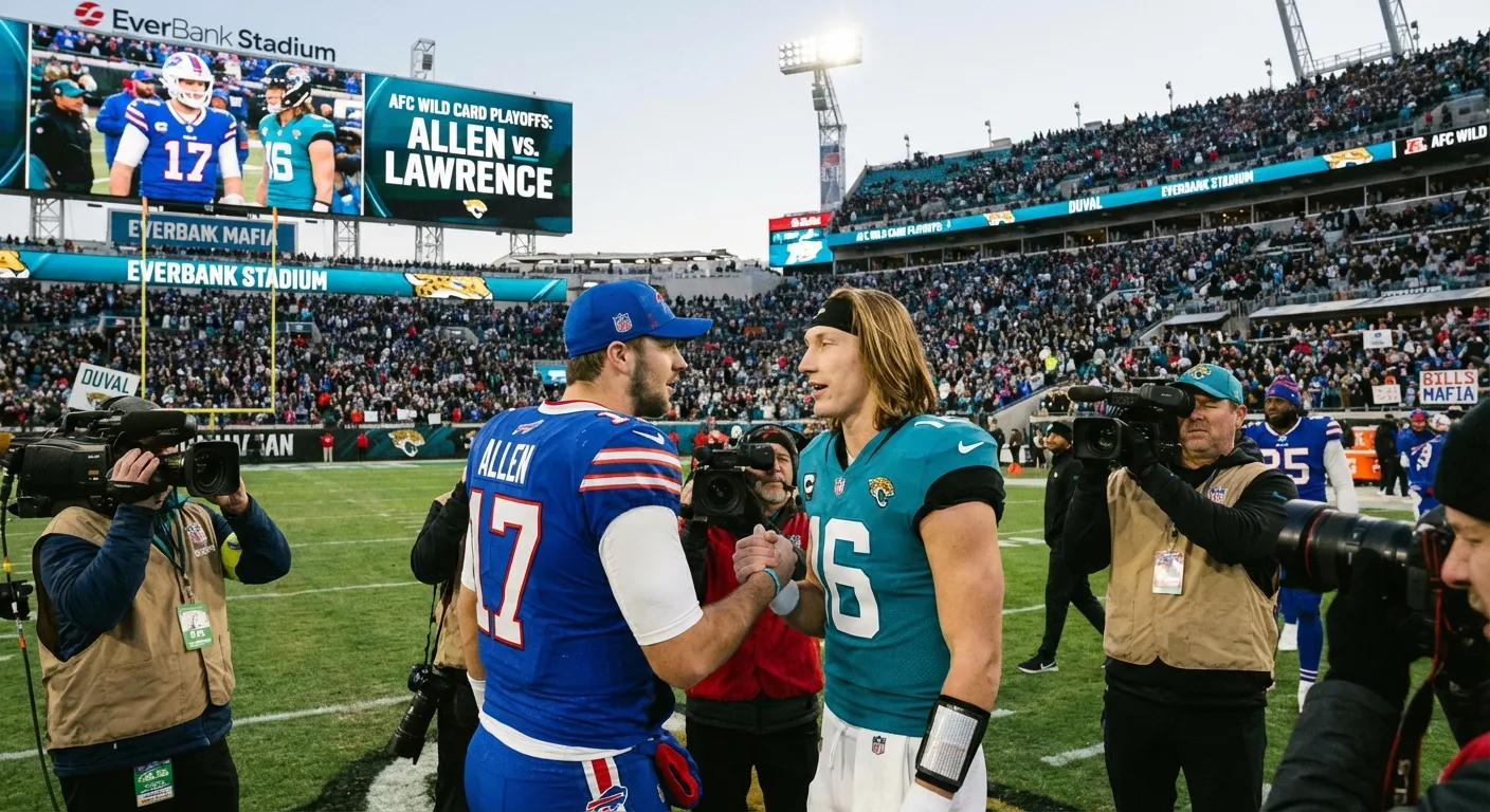 Josh Allen and Trevor Lawrence shaking hands at midfield before game