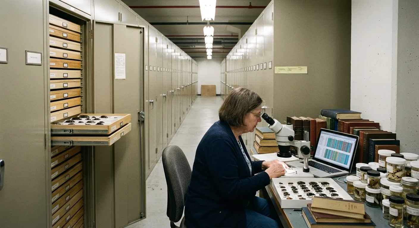 Scientist examining specimens in natural history museum collection storage