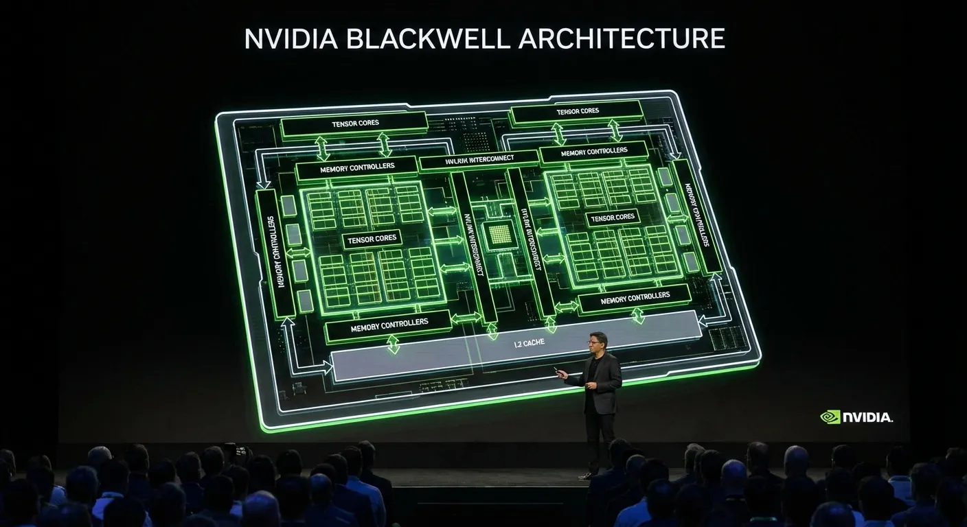 Close-up of NVIDIA GPU architecture diagram showing Blackwell chip design