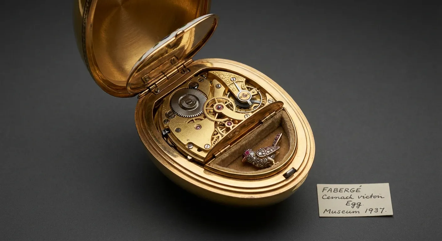 Interior mechanism of ornate egg showing hidden surprise element