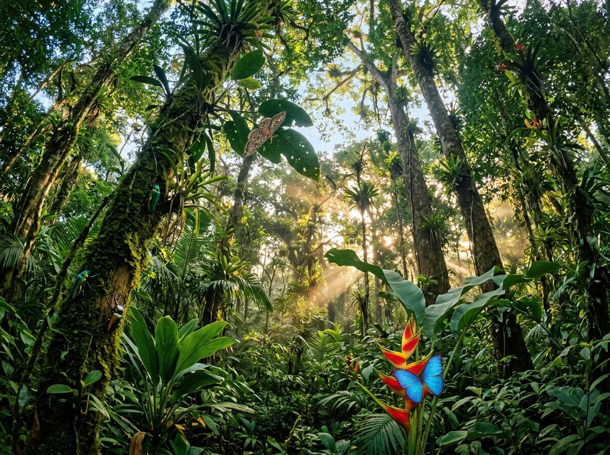 A lush Amazon rainforest canopy seen from below with insects visible among the flowers and leaves