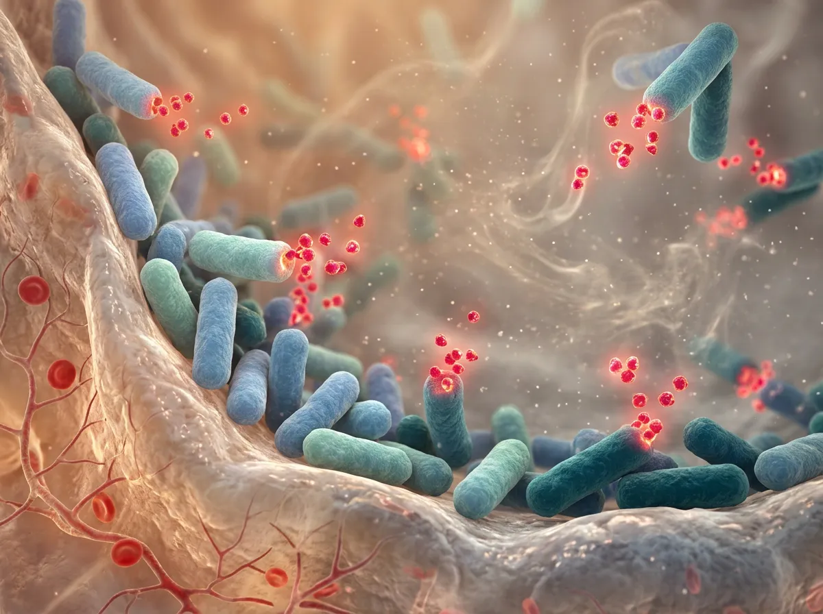 Illustration of bacteria producing vitamin B12 molecules inside intestinal environment