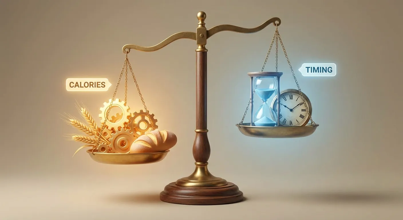 Balance scale showing calories on one side outweighing a clock on the other side