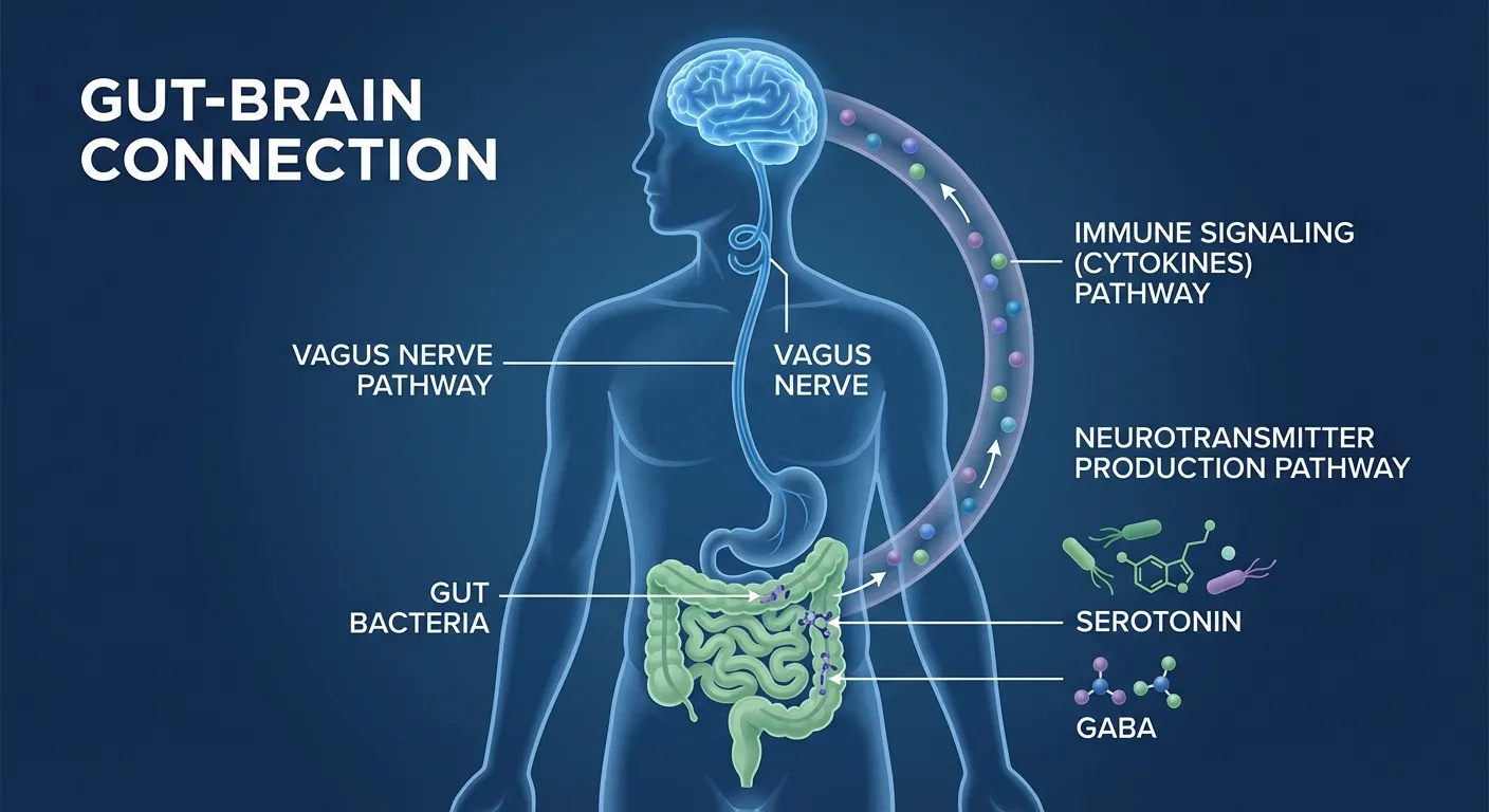 Diagram showing the three communication pathways between gut and brain: vagus nerve, immune signals, and neurotransmitters
