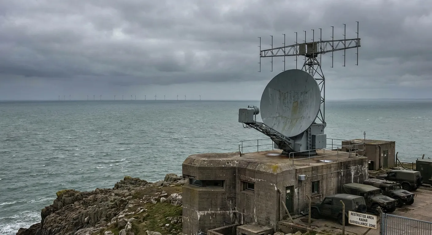 Military radar installation with offshore wind turbines visible on horizon