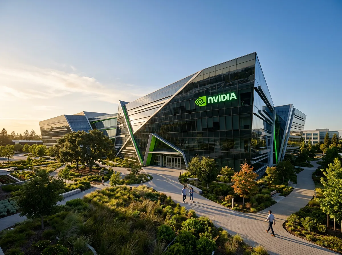 NVIDIA corporate headquarters with modern architecture and company logo prominently displayed