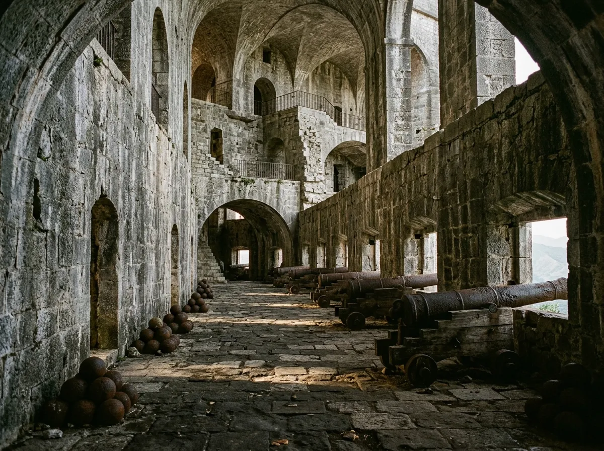 The massive interior stone walls and rows of historic iron cannons inside the Citadelle