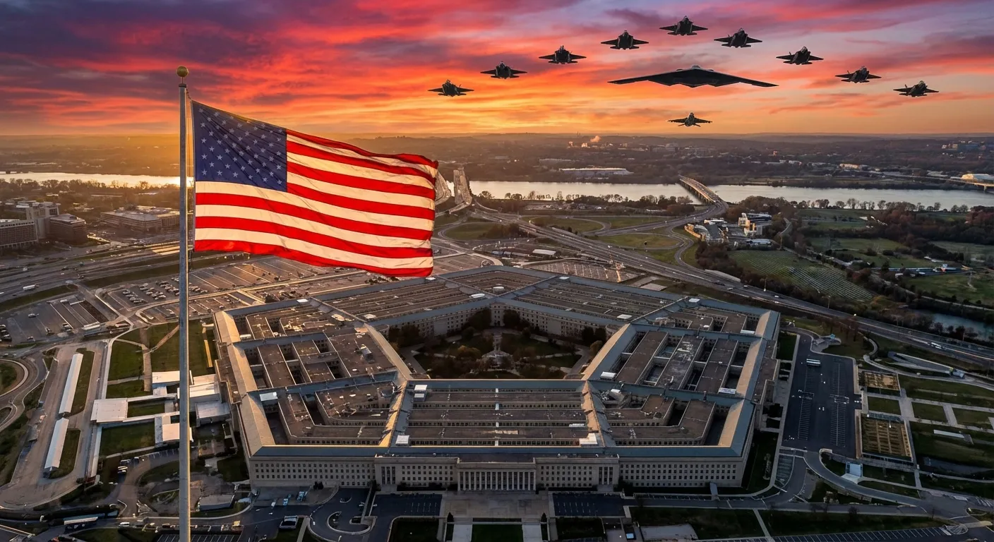 Pentagon building with American flag in foreground and military aircraft overhead
