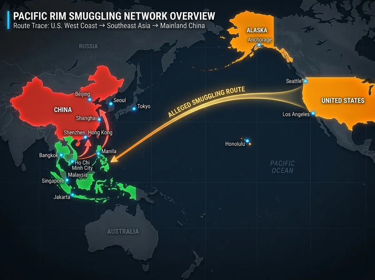 Map showing trade routes between the US, Southeast Asia, and China