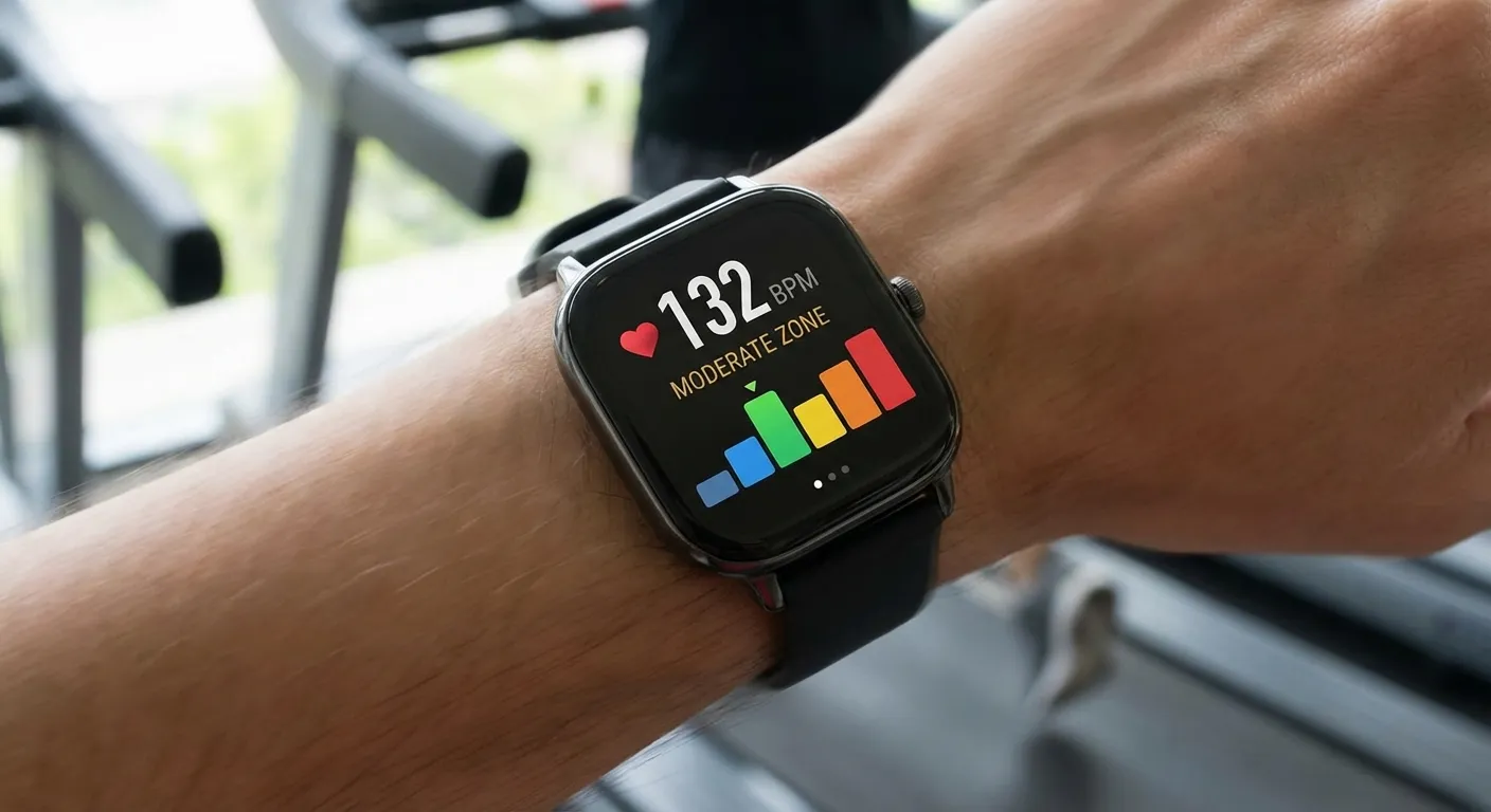 Heart rate monitor showing moderate intensity zone during incline walking