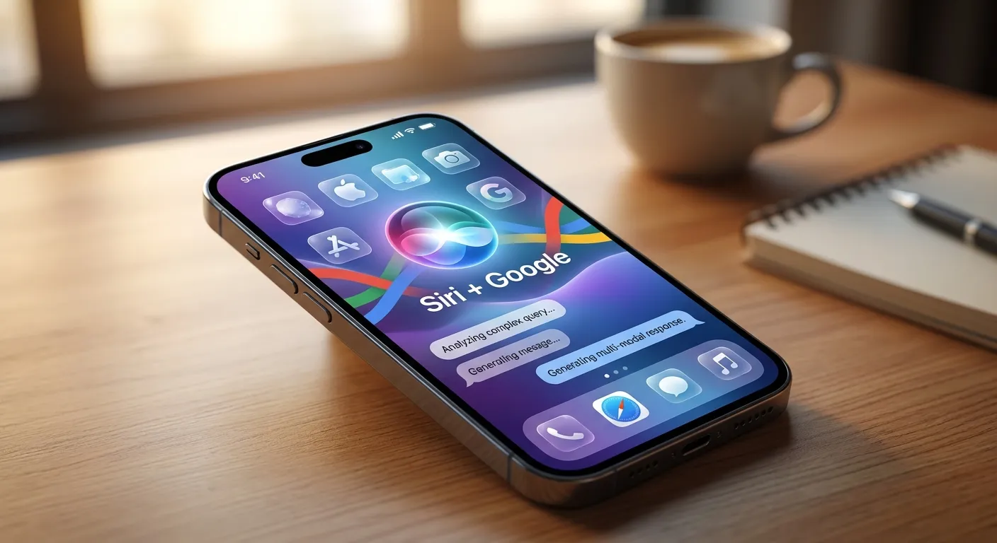 iPhone with Siri interface showing AI-powered features with subtle Google Gemini elements