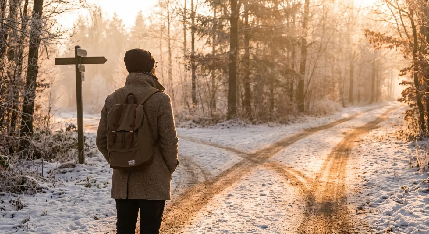 Person standing at a crossroads path in winter morning light, contemplating direction with peaceful expression