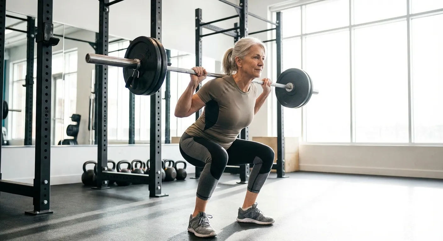 Master athlete in their 70s performing a barbell squat with excellent technique