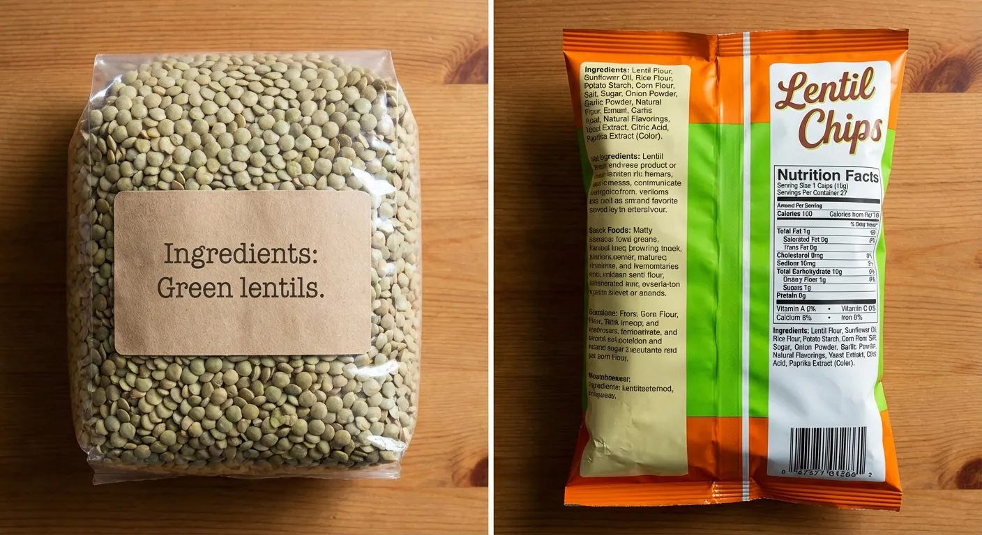 Side-by-side comparison of ingredient labels from whole food versus ultra-processed plant products