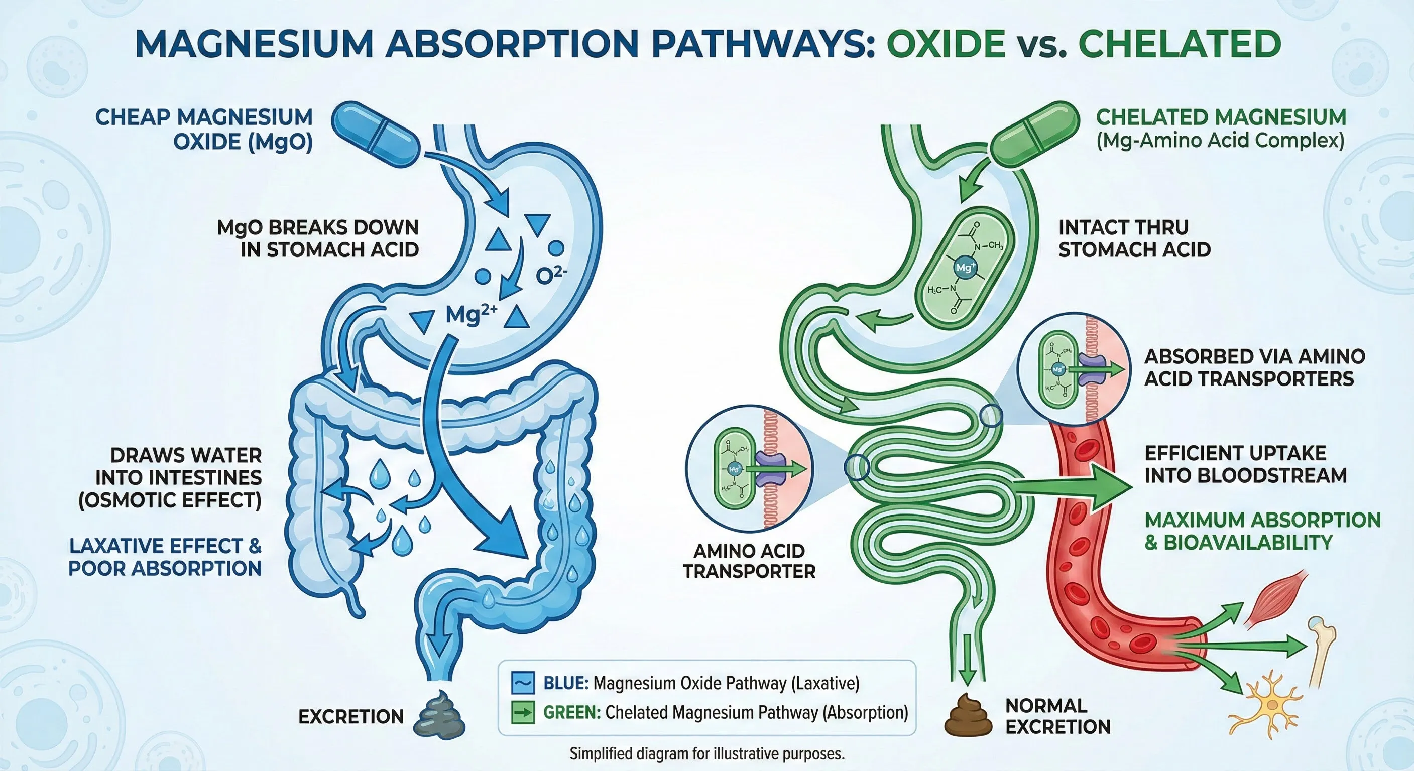 Diagram showing magnesium absorption pathways in the digestive system