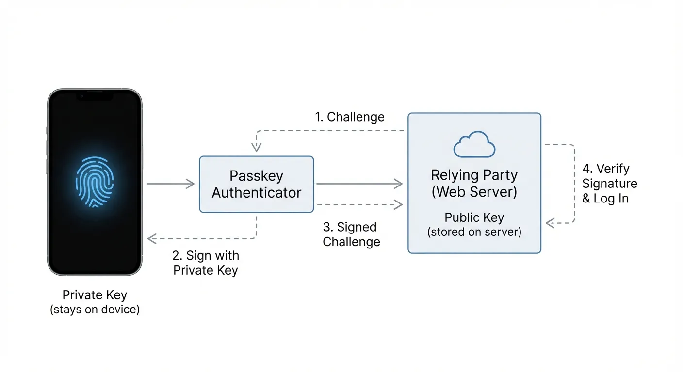 Diagram showing passkey authentication flow between device and website