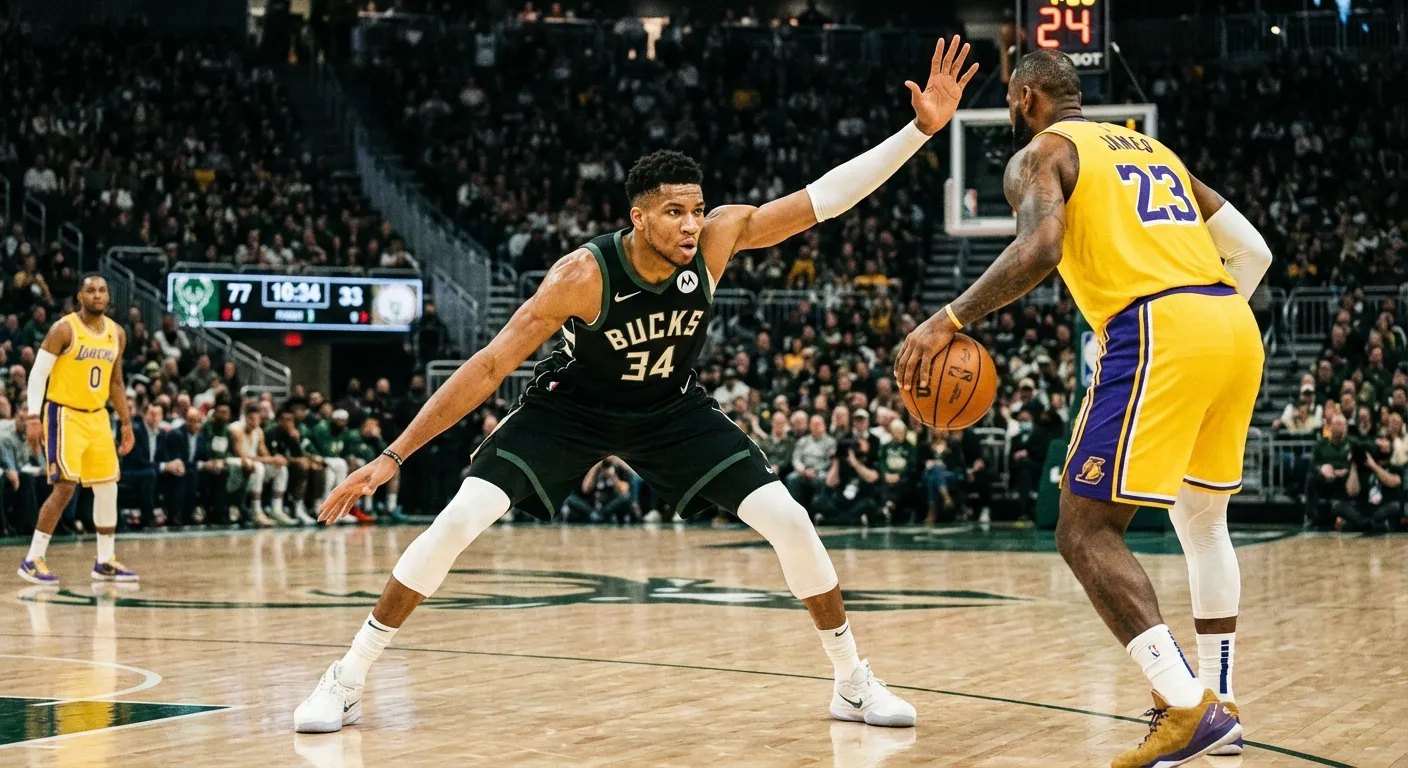 Giannis Antetokounmpo in defensive stance guarding LeBron James