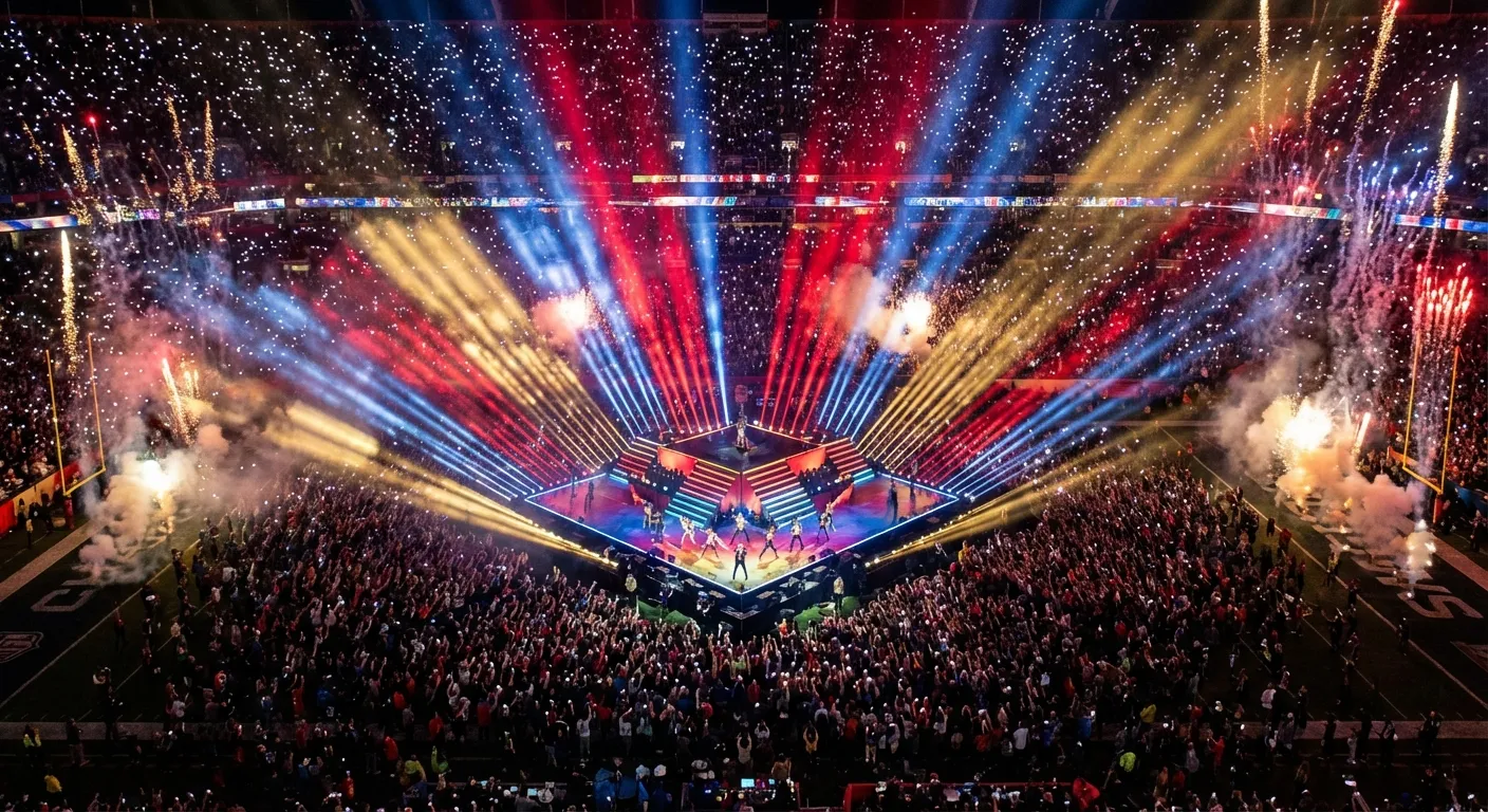 Massive stadium stage setup with dramatic lighting for a halftime performance