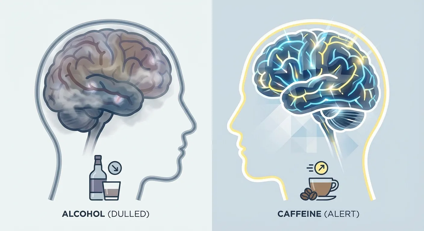 Illustration comparing the effects of alcohol versus caffeine on the brain
