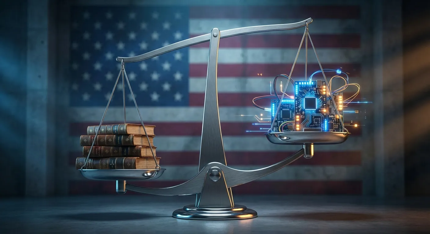 Scales of justice with AI circuit patterns representing the legal balance