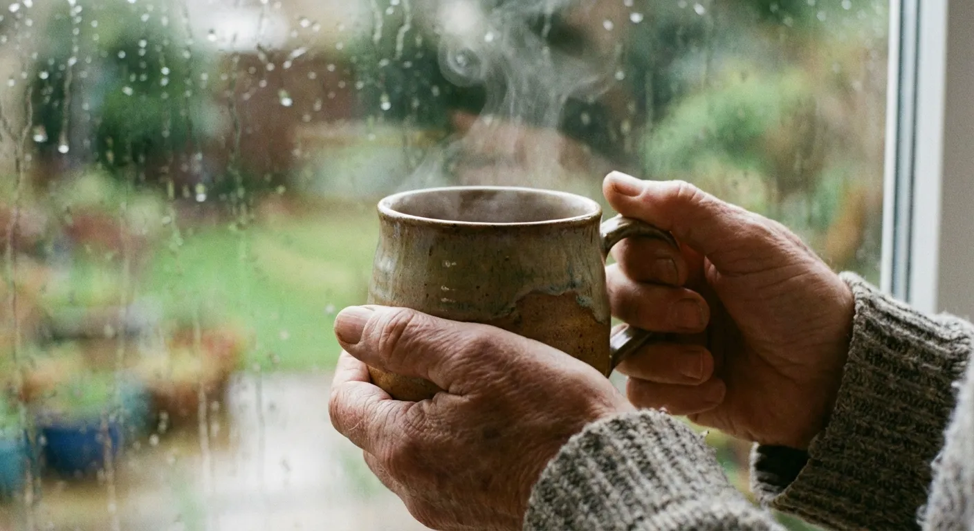 Close-up of hands holding a warm mug while gazing at morning rain on window