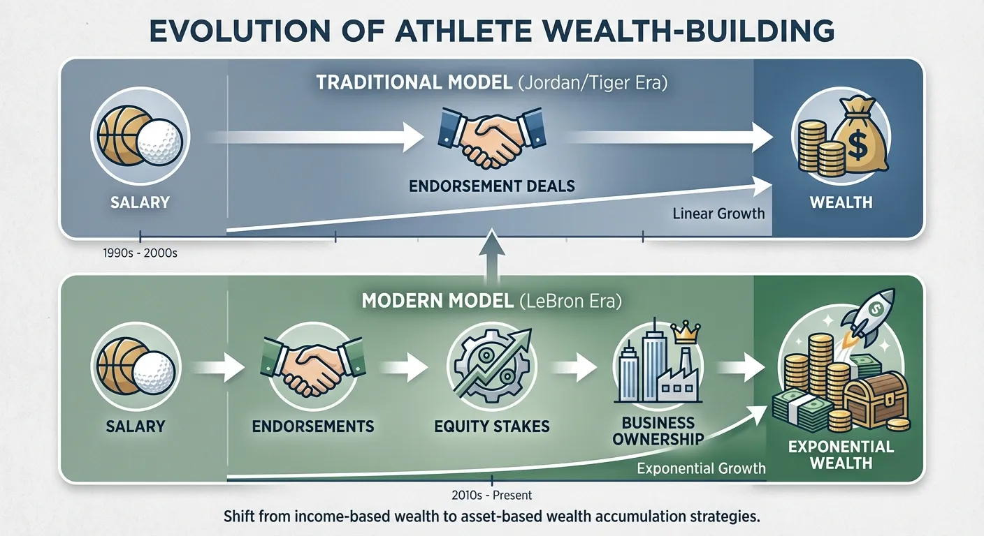 Timeline visualization showing athlete wealth building: endorsements versus equity models