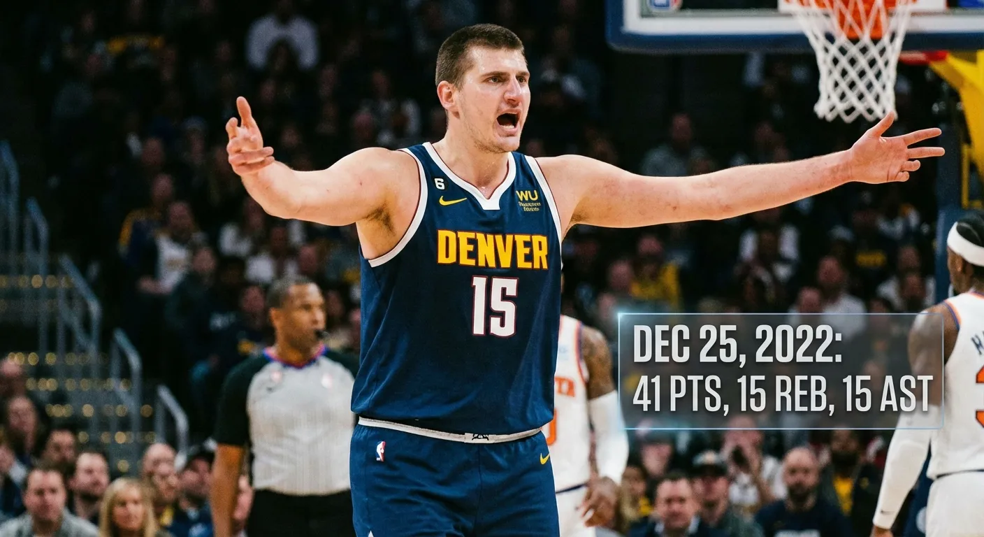 Nikola Jokic orchestrating Denver Nuggets offense with triple-double stat line graphic overlay
