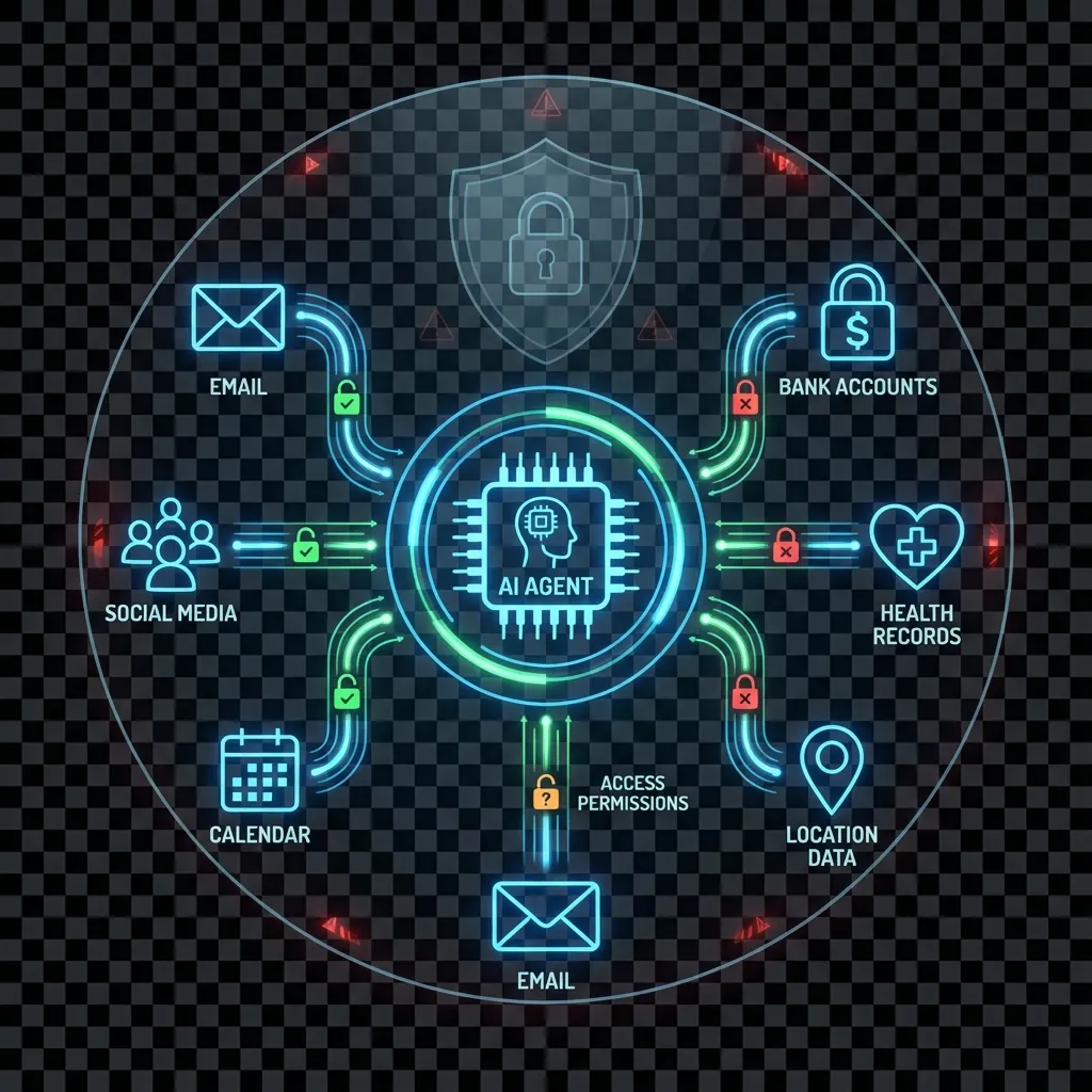 Privacy and security visualization showing AI agent access to personal data