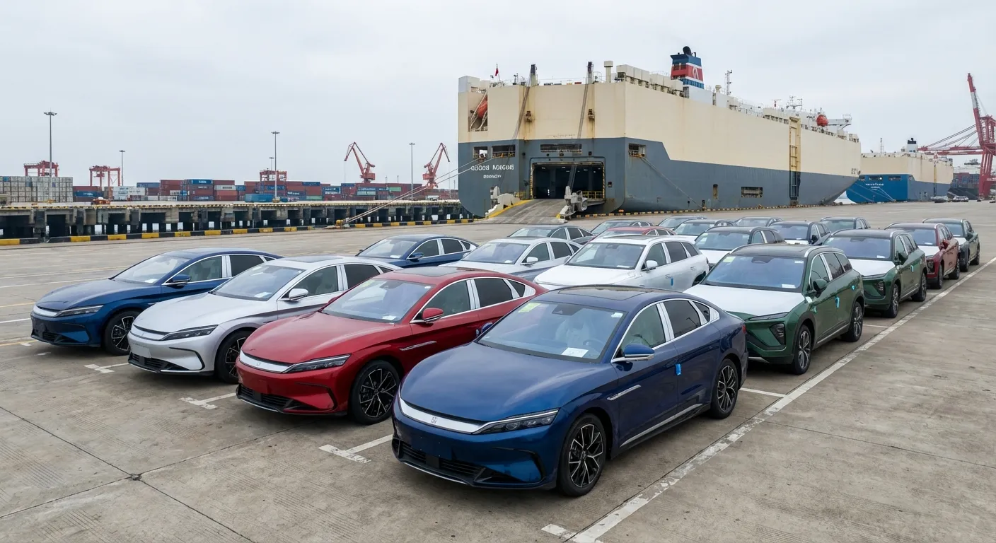 Chinese electric vehicles lined up for export at automotive shipping terminal