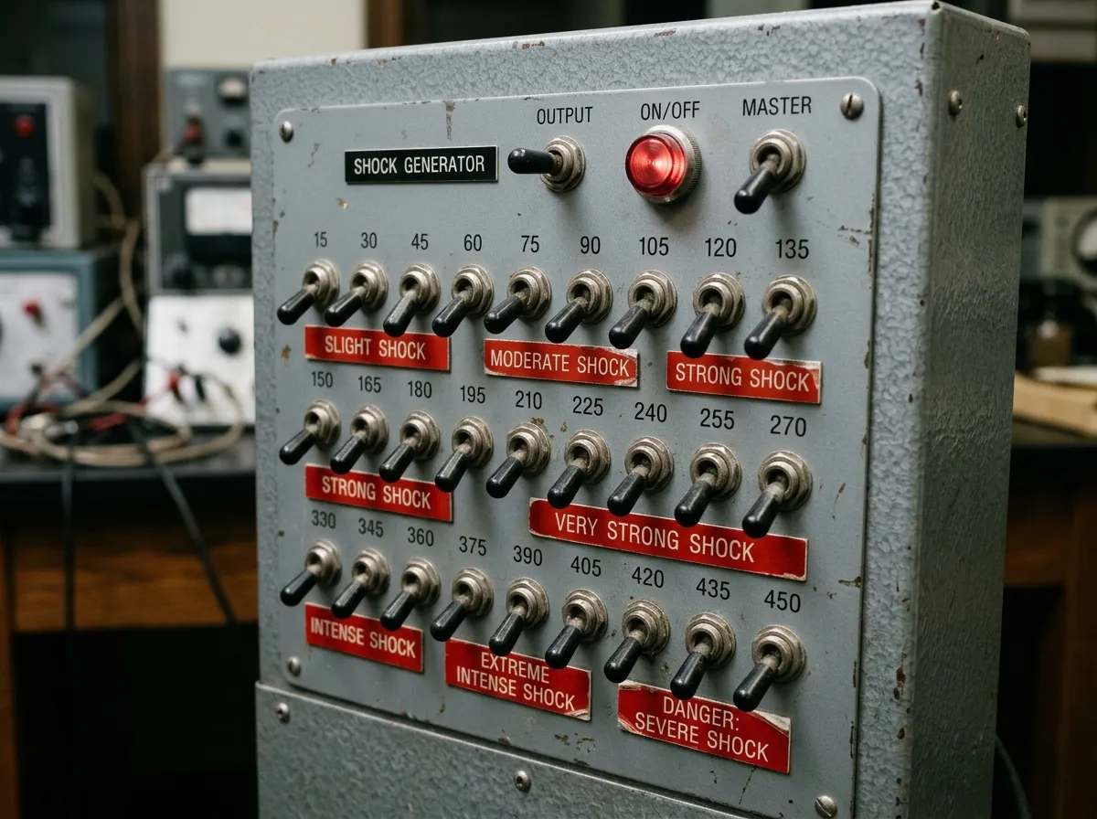 A vintage control panel with switches and voltage dials in a psychology laboratory setting