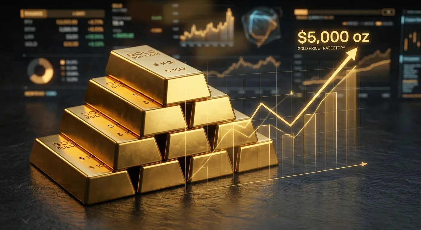 Gold bars with price chart showing projected increase to $5000 per ounce