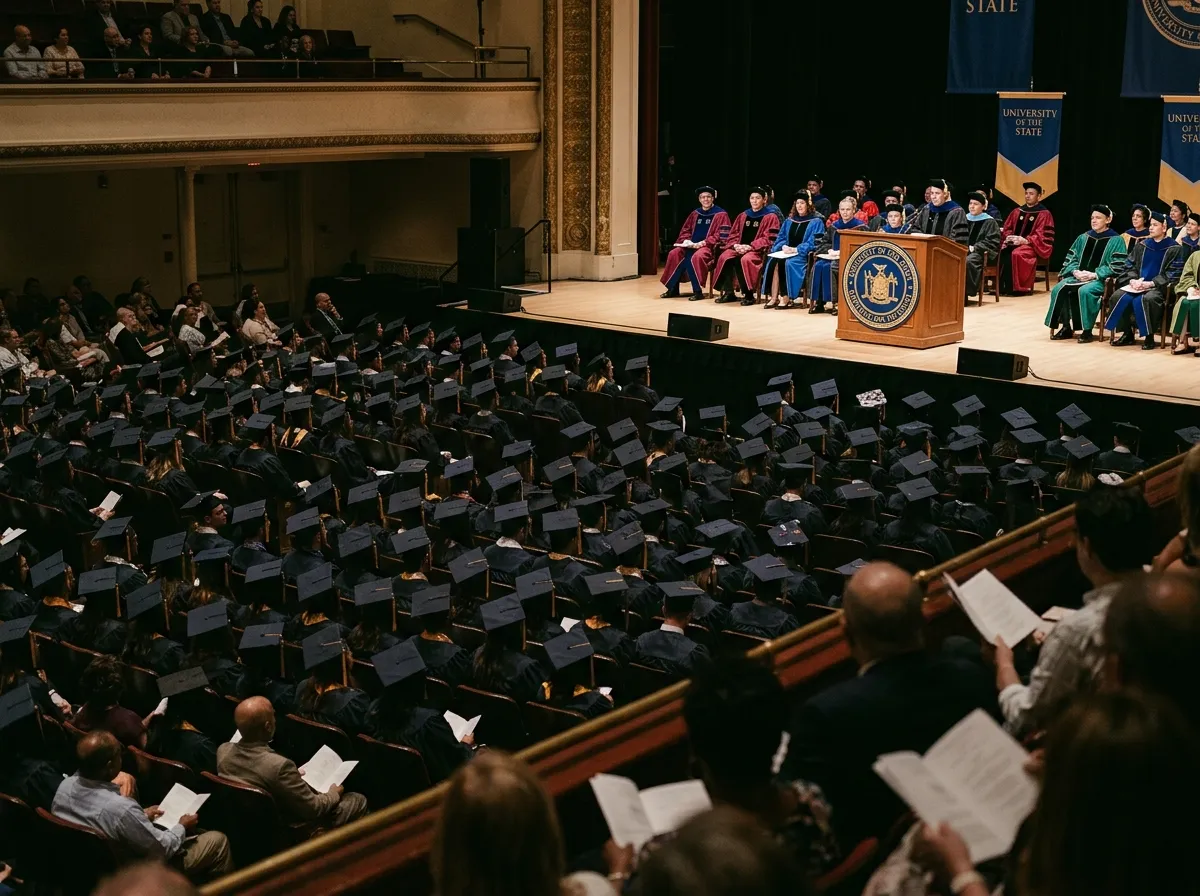 A graduation ceremony with students in caps and gowns receiving diplomas