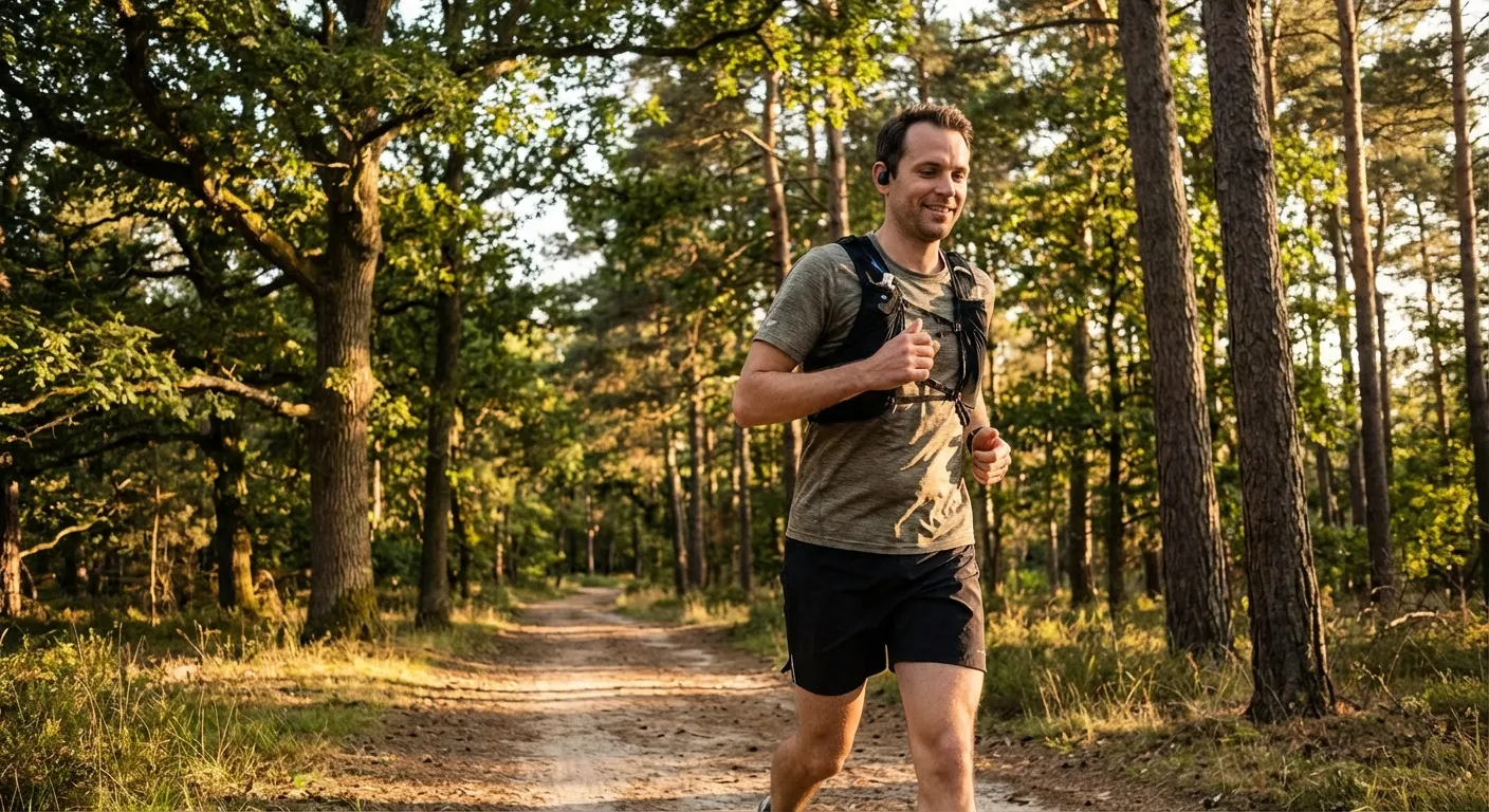 Person enjoying podcast while running at easy conversational pace outdoors