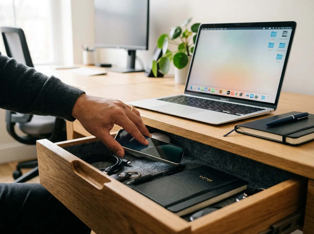 Person placing a phone in a drawer away from their workspace