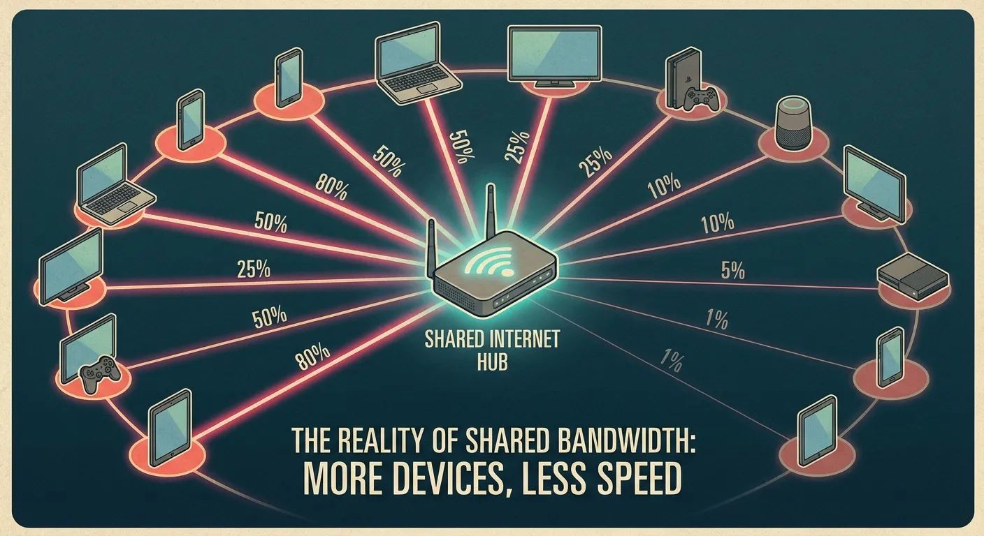 Multiple devices connected to a single router showing bandwidth distribution